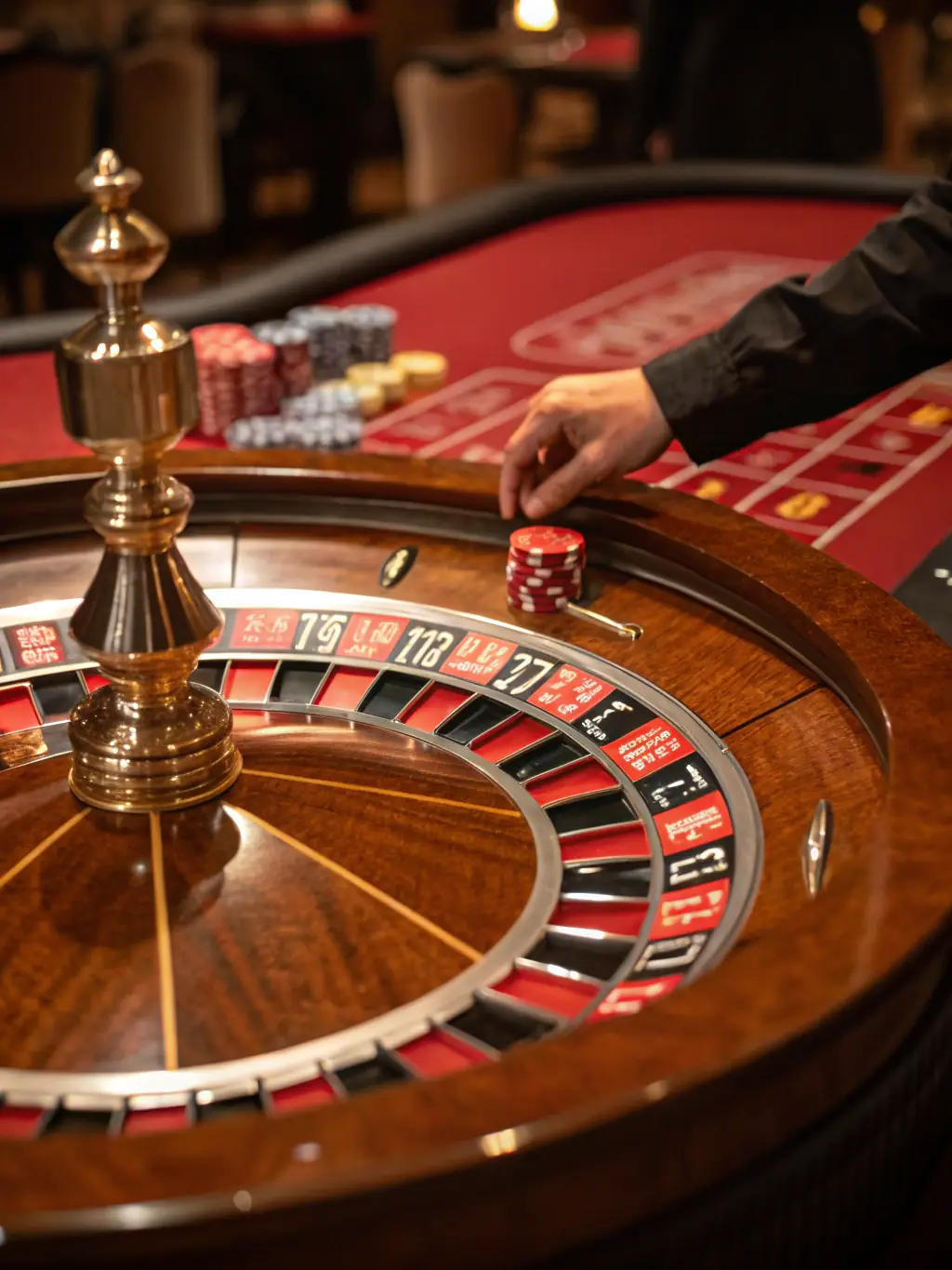 A sophisticated image displaying a roulette wheel in motion at 805 bet, surrounded by betting chips and a luxurious casino setting, capturing the anticipation of the game.