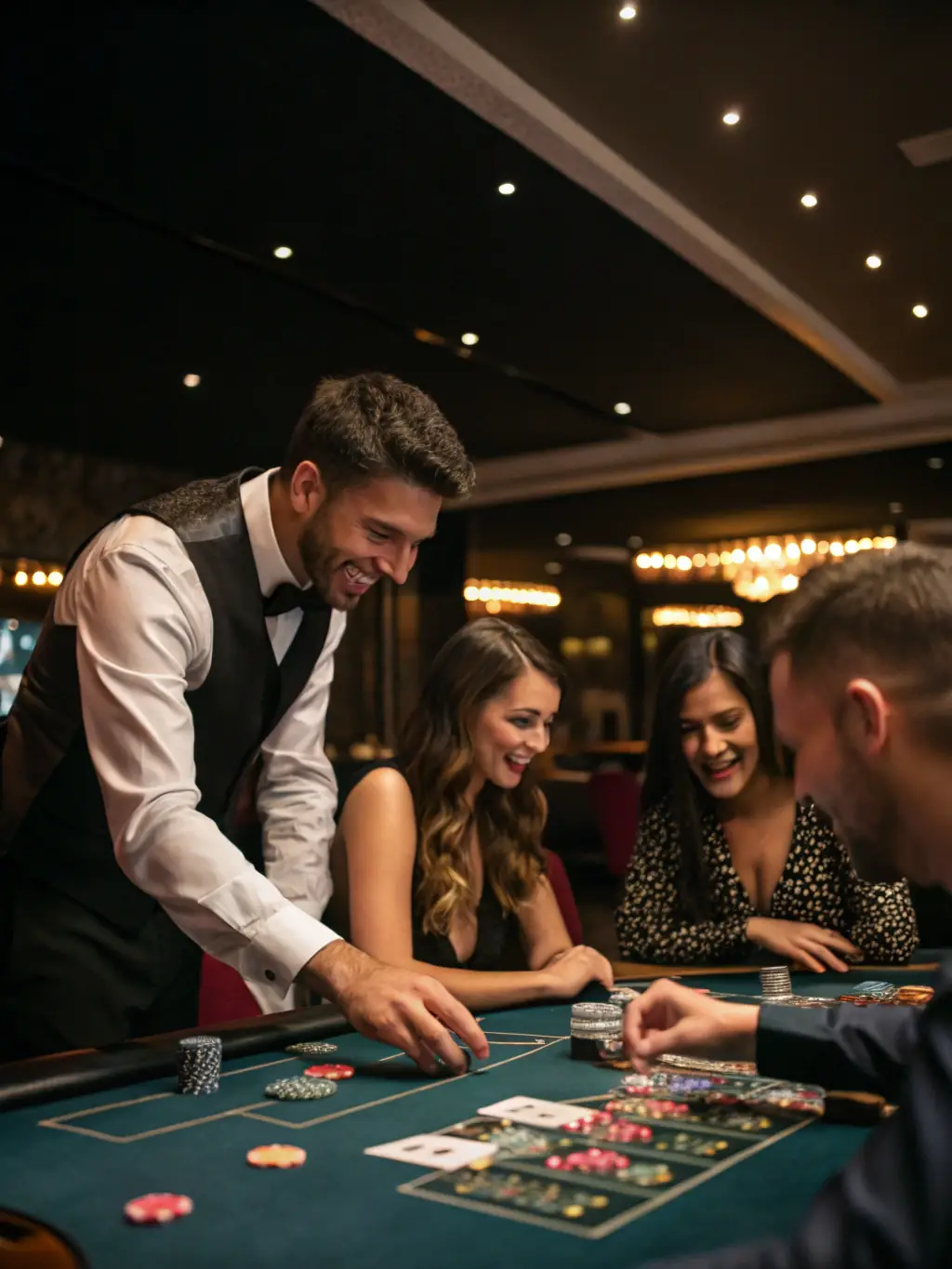 An elegant image depicting a live dealer at a blackjack table in 805 bet, with players engaged in the game, creating an atmosphere of real-time excitement and interaction.